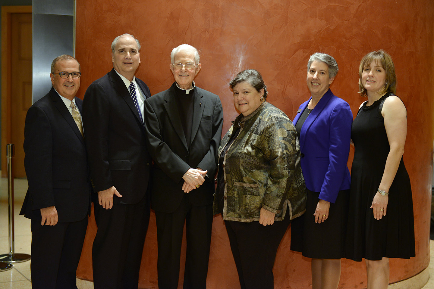 From left is dinner committee chair John Matteo, honorees John Treseler, Bishop William G. Curlin and Patricia McGuire, and SOAR! president Sister Kathleen Lunsmann, IHM and board chair Kathryn Caballero. 