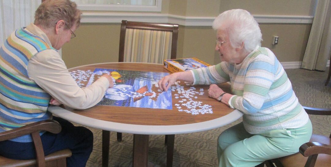 Sisters work on a jigsaw puzzle.